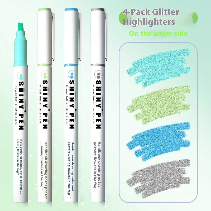 Set of four glitter highlighter pens with slanted tips in pastel colours including taro puff and peach blossom puff.