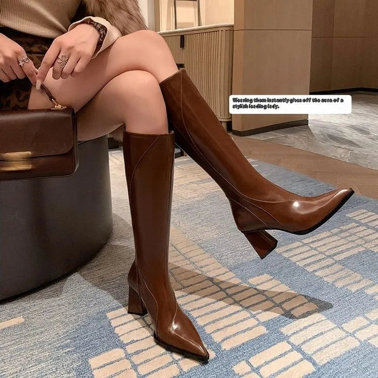 Women's black cowhide leather high heel riding boots with waterproof platform soles