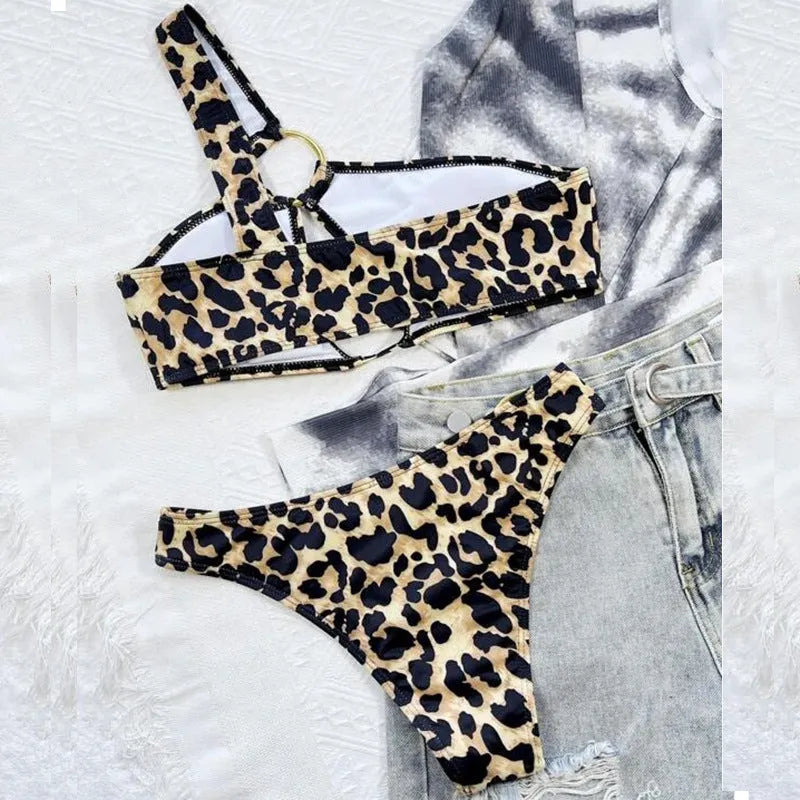 Women's leopard print bikini with hollow design and polka dot pattern, nylon fabric two-piece swimwear set