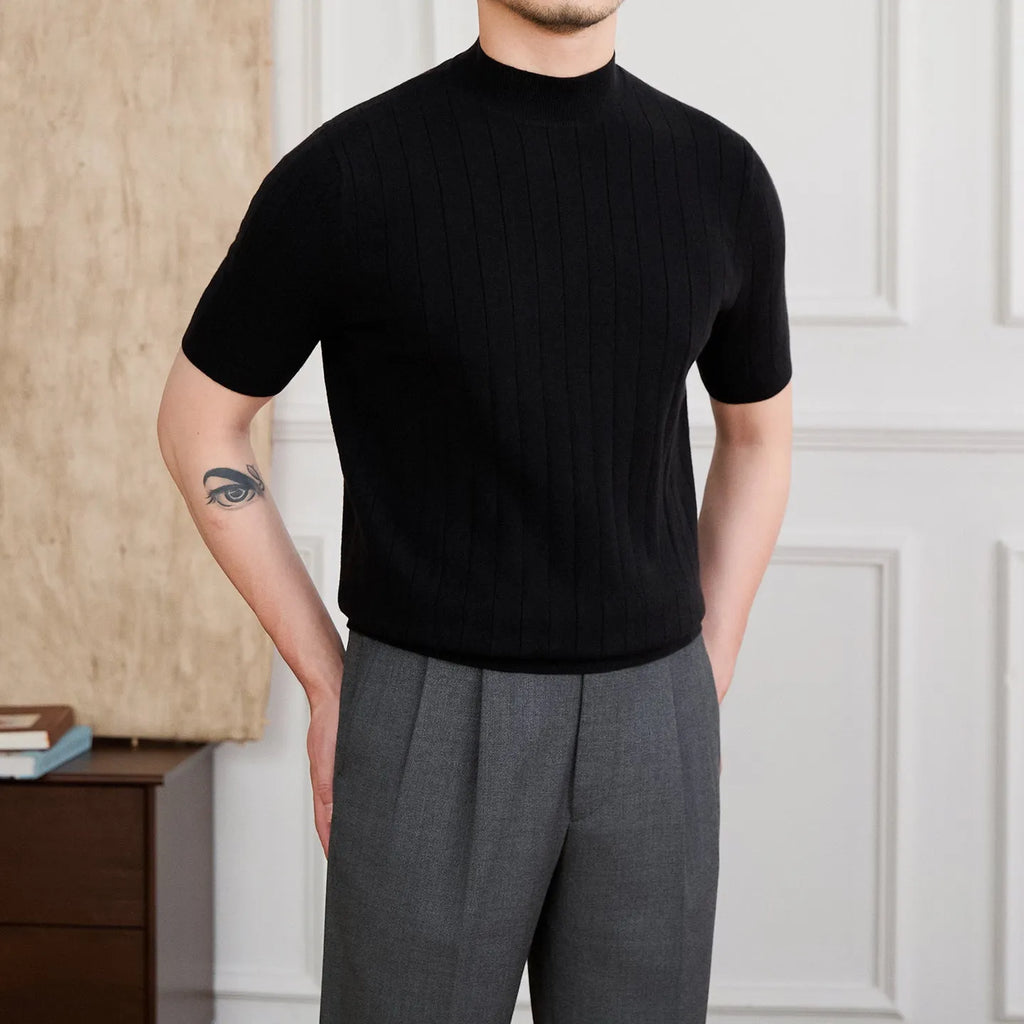 Half turtleneck wool blend knitted short sleeve T-shirt in chocolate colour, front view, on white background.