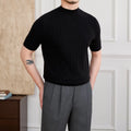 Half turtleneck wool blend knitted short sleeve T-shirt in chocolate colour, front view, on white background.