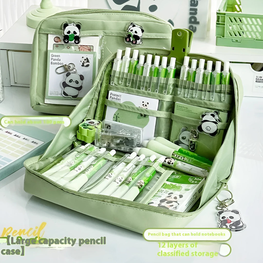Green Korean style panda pencil case with 12 layers for large capacity stationery storage