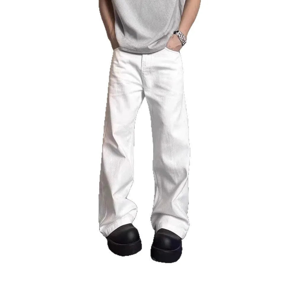 Men's white straight-leg cotton denim jeans on a neutral background.