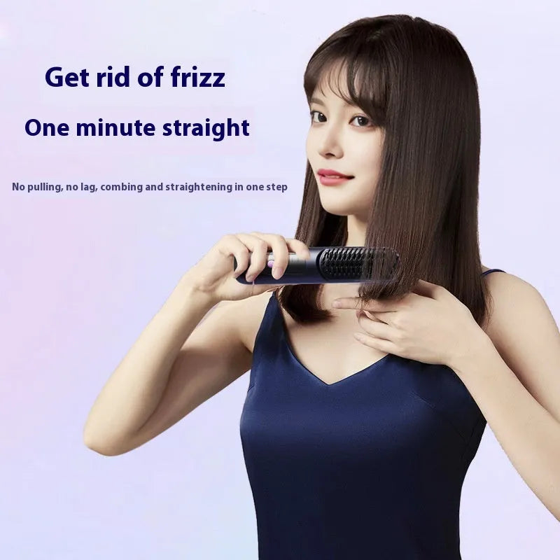 Portable negative ion hair straightening comb in ABS plastic, showing white, dark blue and grey colour options.