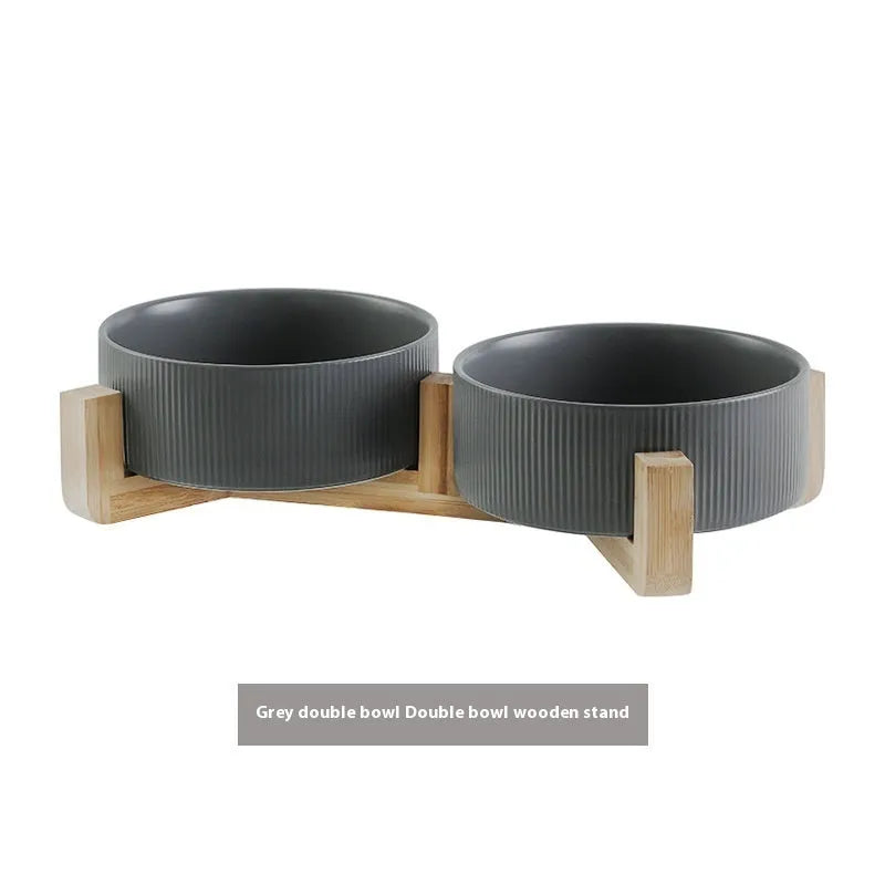 Cat ceramic bowl with wooden frame in straight matte finish, anti-tumble design