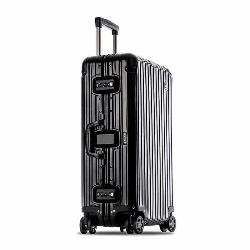 Aluminium magnesium alloy trolley case in classic finish on white background with wheels