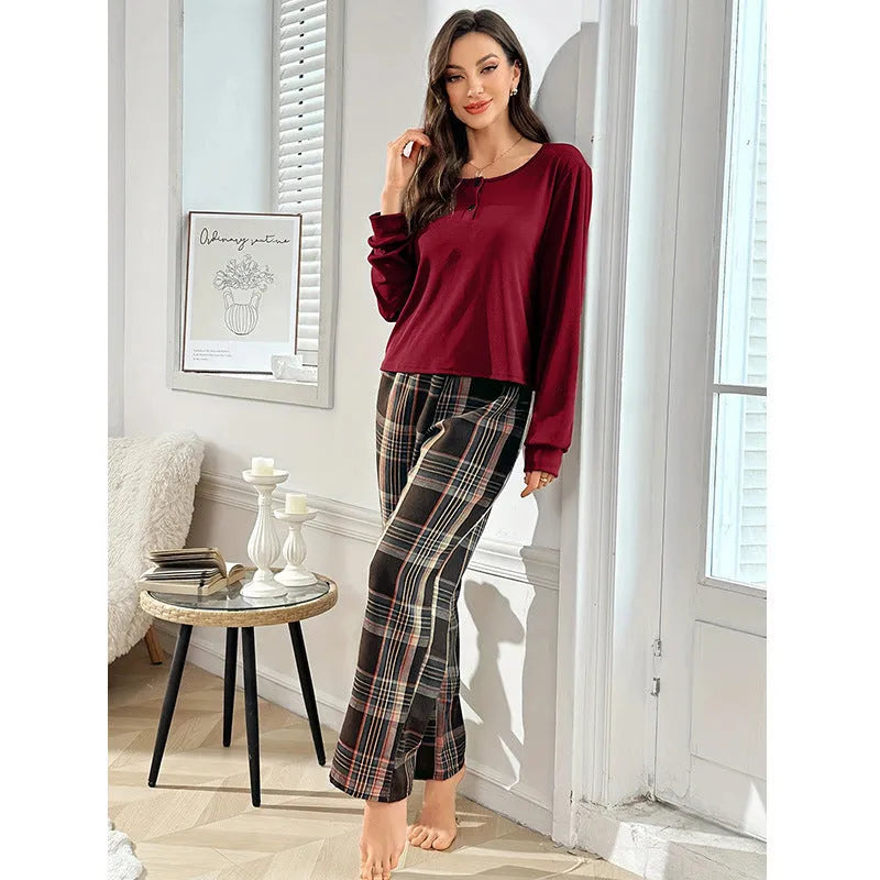 Women's plaid button pullover top and matching pants set in milk silk fabric, brown colour