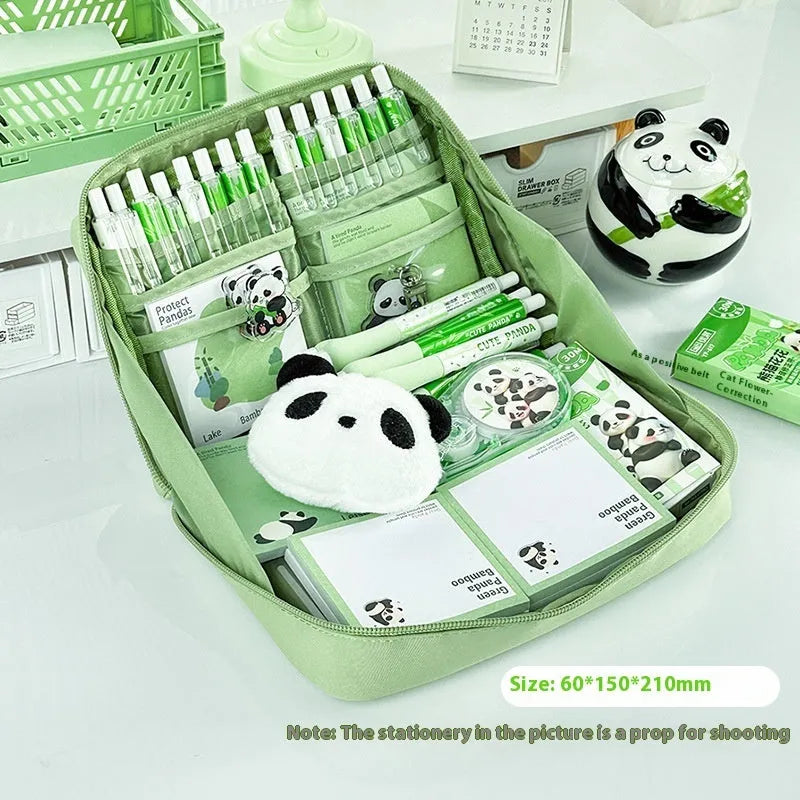 Green Korean style panda pencil case with 12 layers for large capacity stationery storage