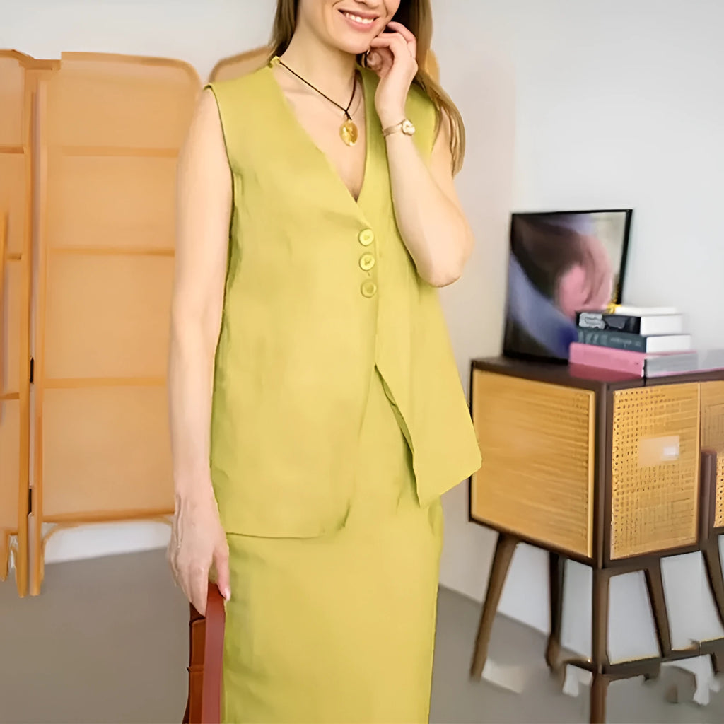 A woman's blue sleeveless vest and long skirt two-piece suit on a hanger.