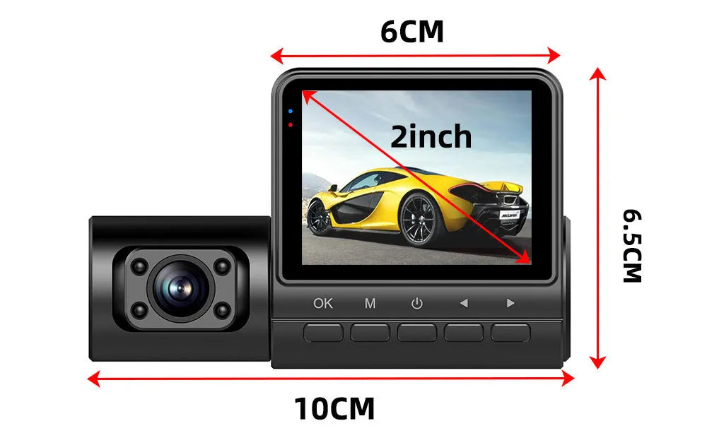 Black 1080P car dash cam with touch screen and wide-angle lens for vehicle recording