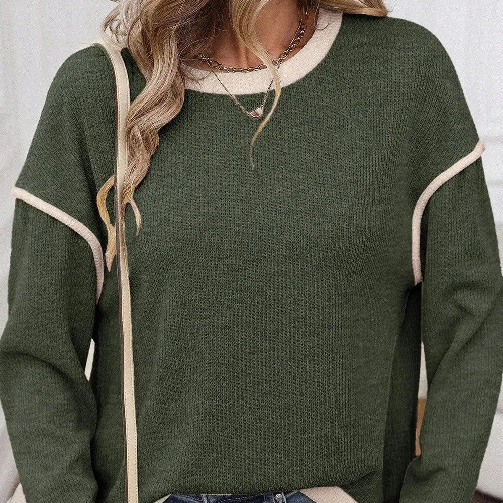 Drop shoulder loose knit top with four leaf clover contrast trim in polyester elastane fabric