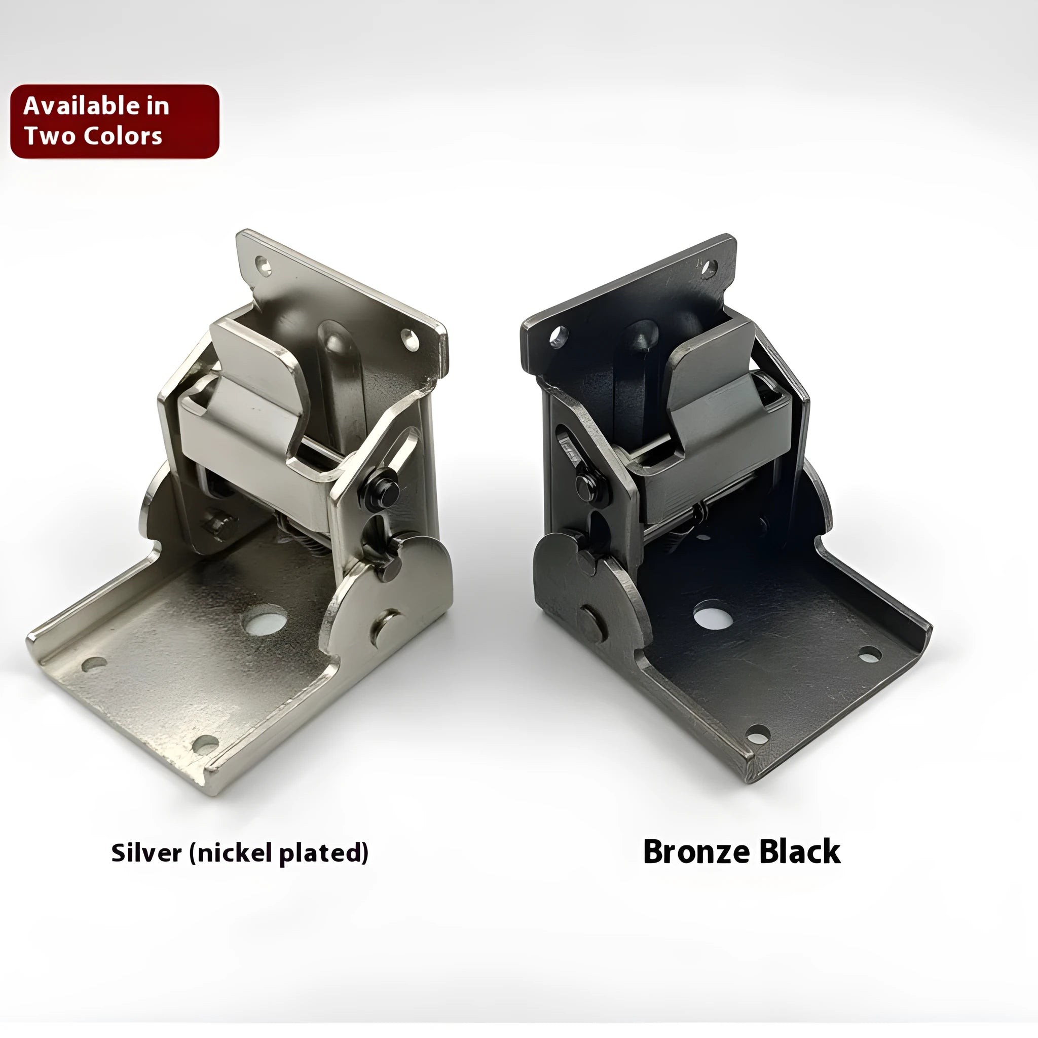 A zinc alloy furniture folding hinge with a 0-90 degree adjustment range in an electroplated finish.