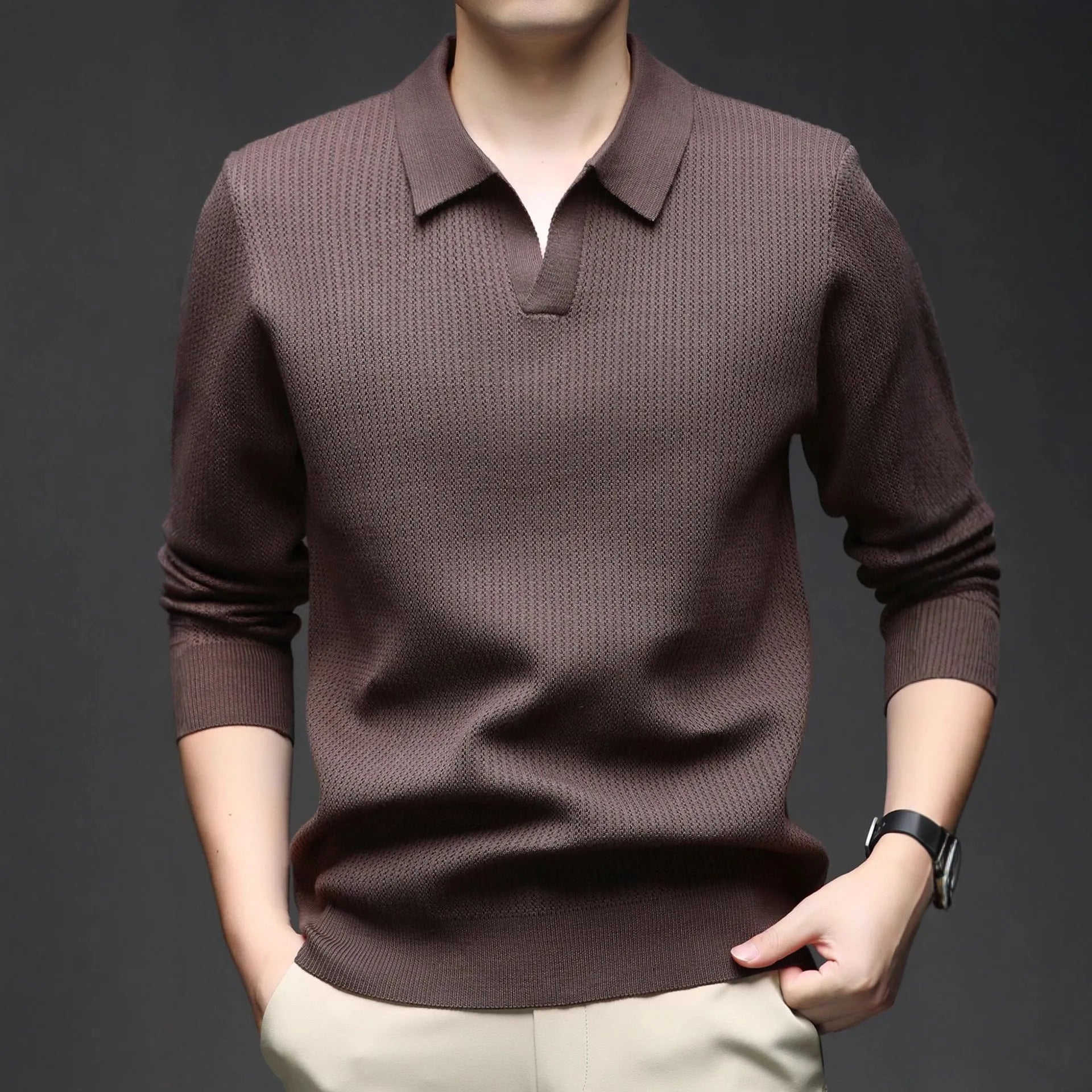 Men's loose fit casual pullover sweater in a camel colour, showing the front design.