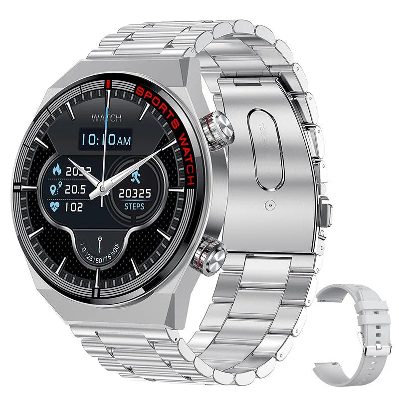 Smartwatch with rotary key, leather strap, and a 1.3-inch display showing call interface.