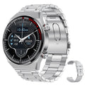 Smartwatch with rotary key, leather strap, and a 1.3-inch display showing call interface.