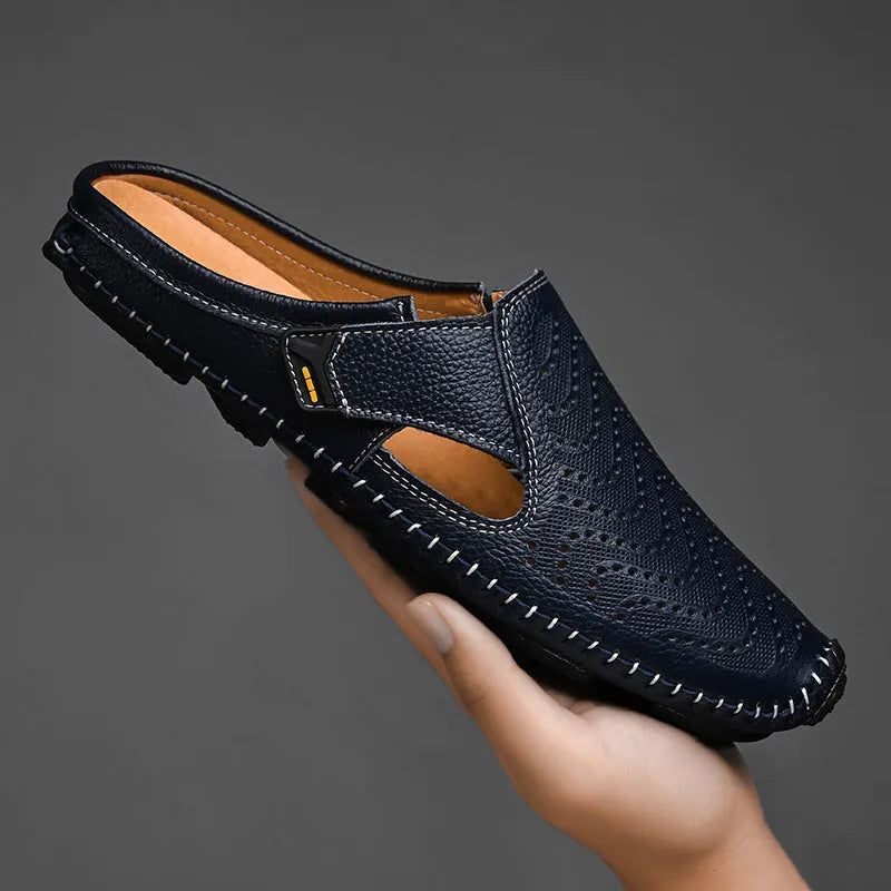 Fashion men's closed toe casual breathable sandals in cow split leather, available in multiple colours and sizes