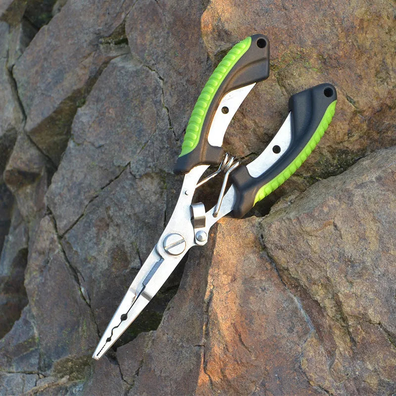 Medium fishing pliers with hook in straight mouth design showing steel construction and coloured handles
