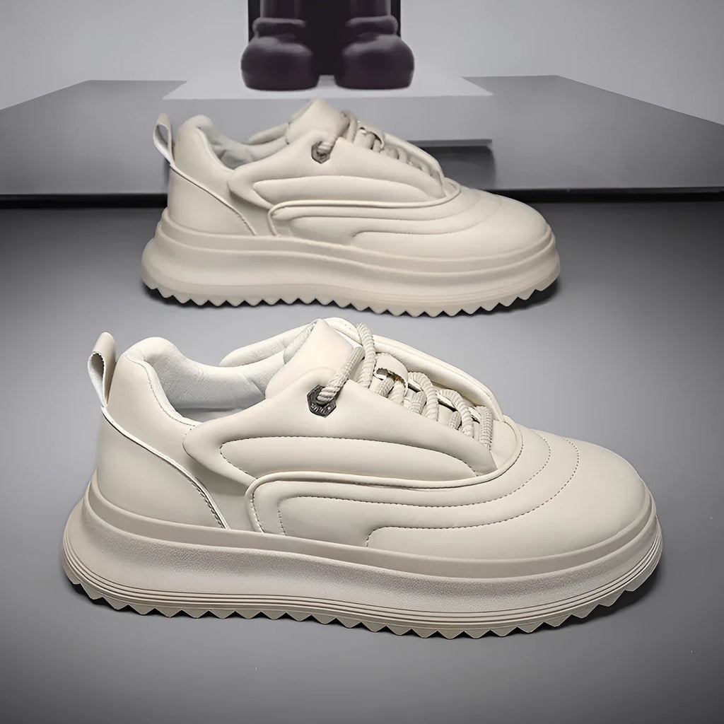 Matte cowhide leather casual shoes for men and women with a low heel, shown in khaki apricot colour.