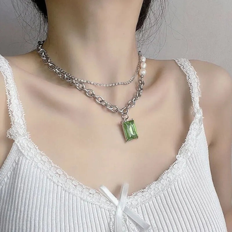 Green electroplated stainless steel multi-layer necklace with square brick geometry pendant and artificial crystal, adjustable 21-50cm chain
