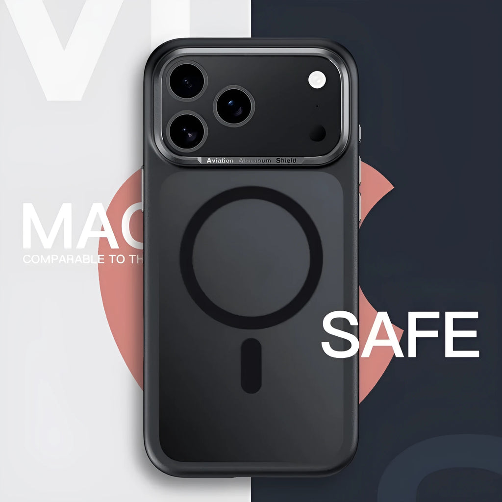 Frosted magnetic protective case for iPhone 17 shown in desert gold colour, displaying textured anti-fingerprint finish.
