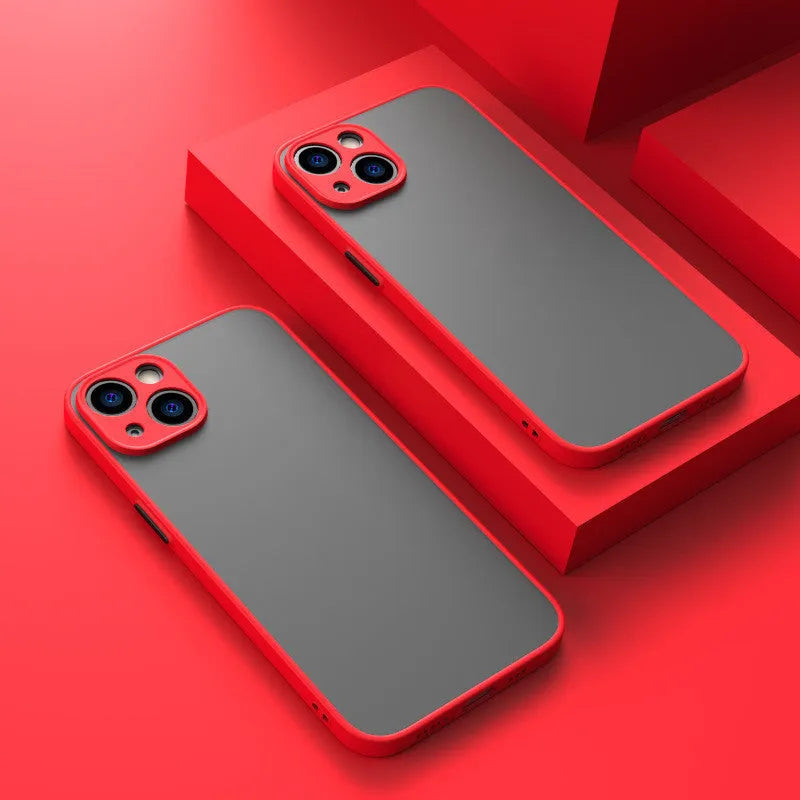 Frosted hard plastic iPhone case with TPU bumper in dark night green, showing full lens cutouts.