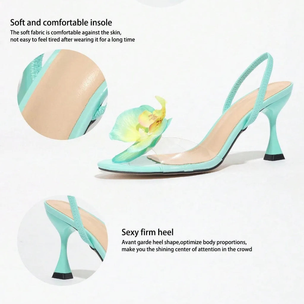 Green women's stiletto sandals with a high heel, round toe, and a 3D flower detail on the back strap.