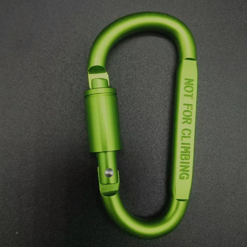D-type aluminium locking carabiner in a selection of ten colours on a grey background.