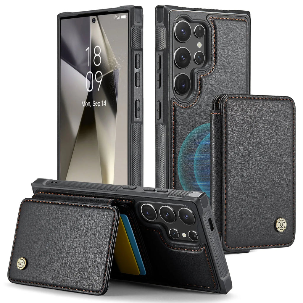 Magnetic card business drop-resistant leather phone case for Samsung, anti-fall wallet style with card slot, imitation leather, black colour