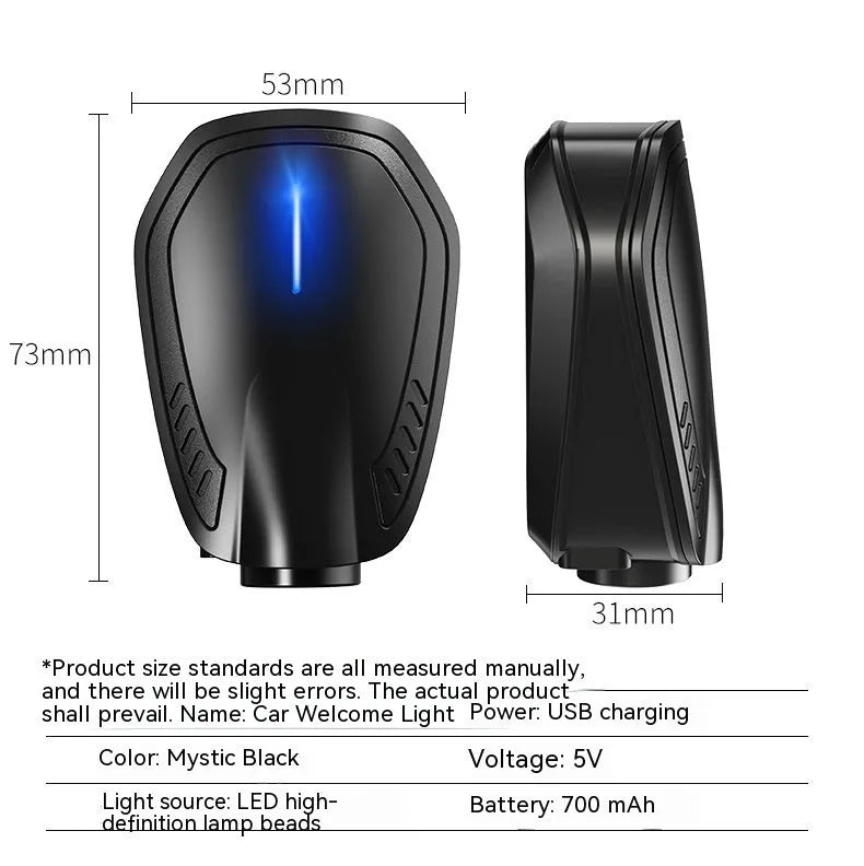 Black F2 rechargeable wireless car welcome light made of ABS plastic.