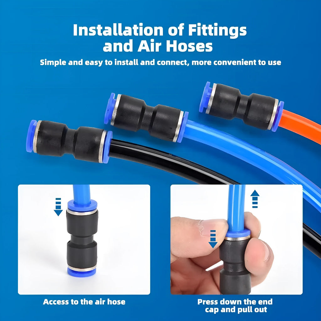 Assortment of 60 quick-release push-in pneumatic connectors in alloy plastic with 1/4-inch and 1/2-inch NPT threads.