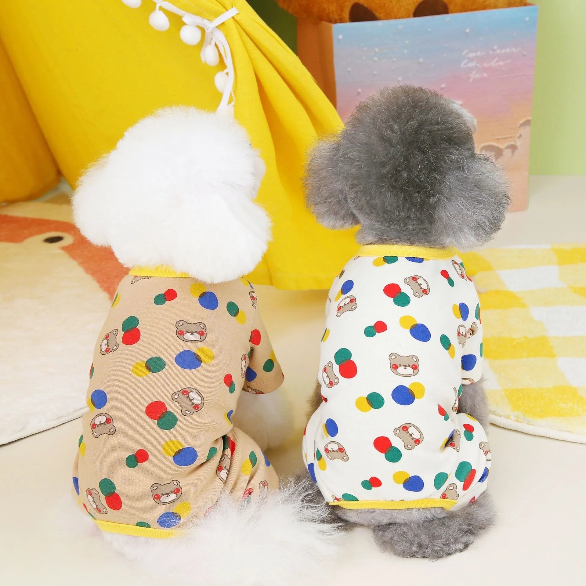 Beige cotton-blend dog sweater jumper with casual ball bear design in size medium