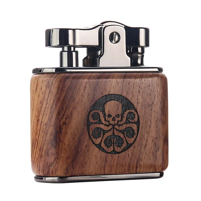 Wooden retro kerosene lighter with natural wood body, 53x50x20mm, in gift box with mahogany bamboo finish