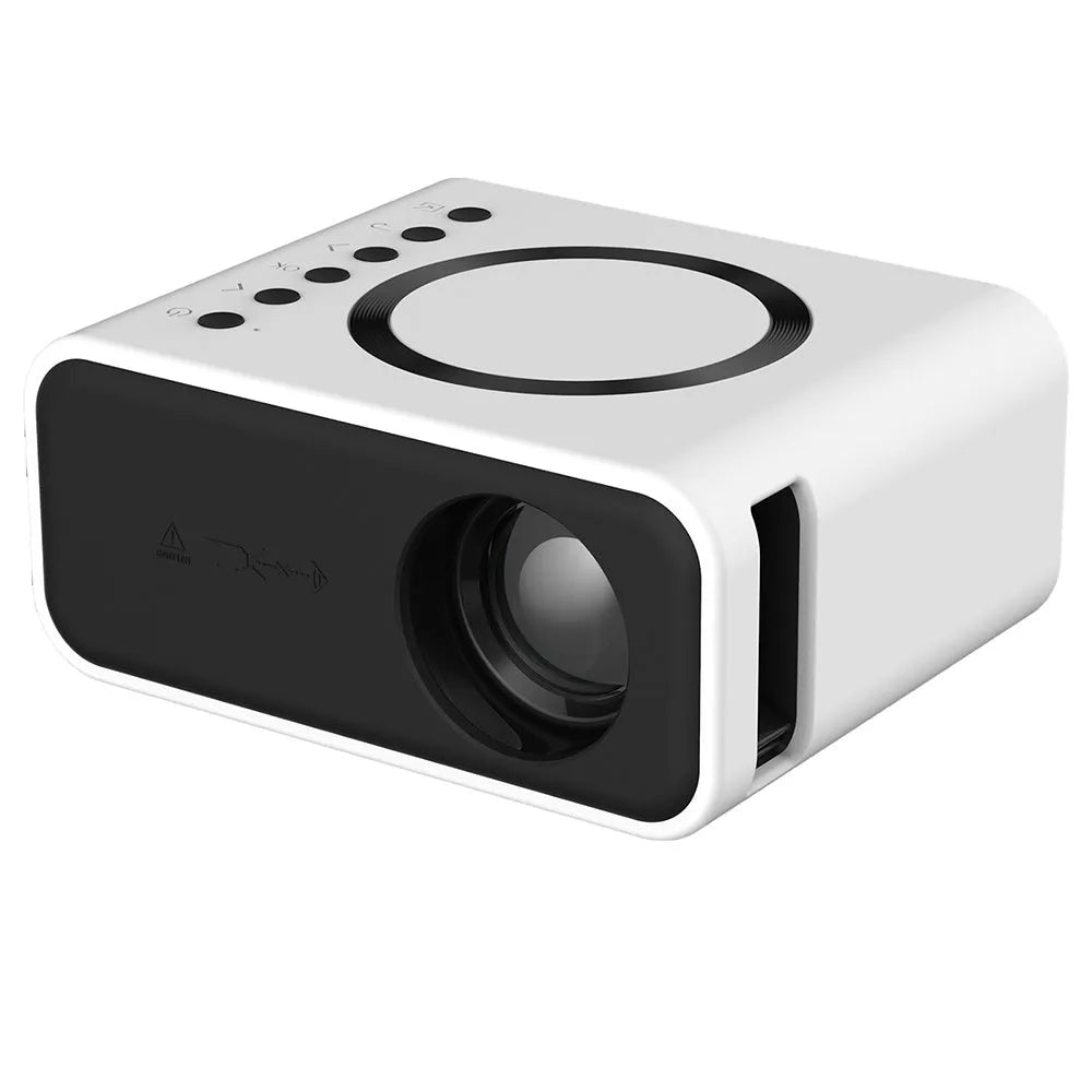 YT300 black or white portable mini projector with remote control on a table, showing compact size.