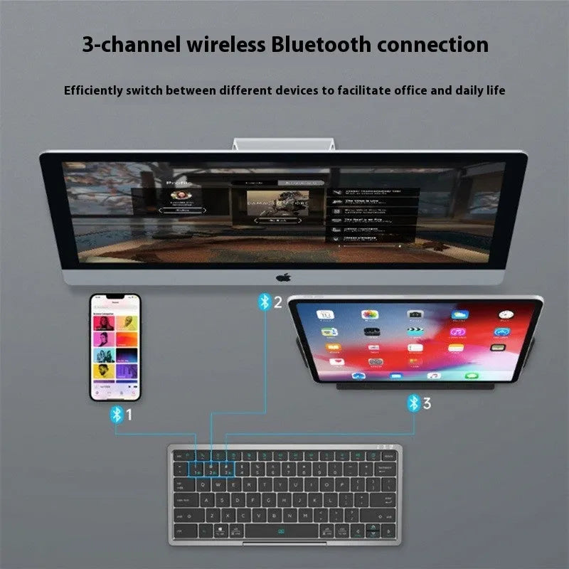 Black and grey wireless Bluetooth keyboard with touch pad inside a leather sheath stand