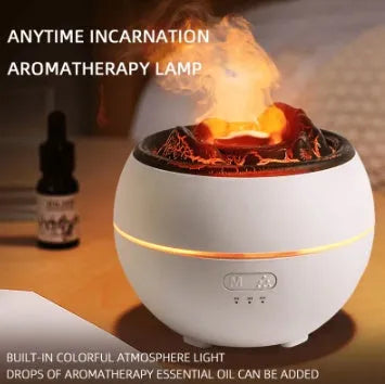 White crack-style flame aroma diffuser on a desk with mist and timer buttons visible