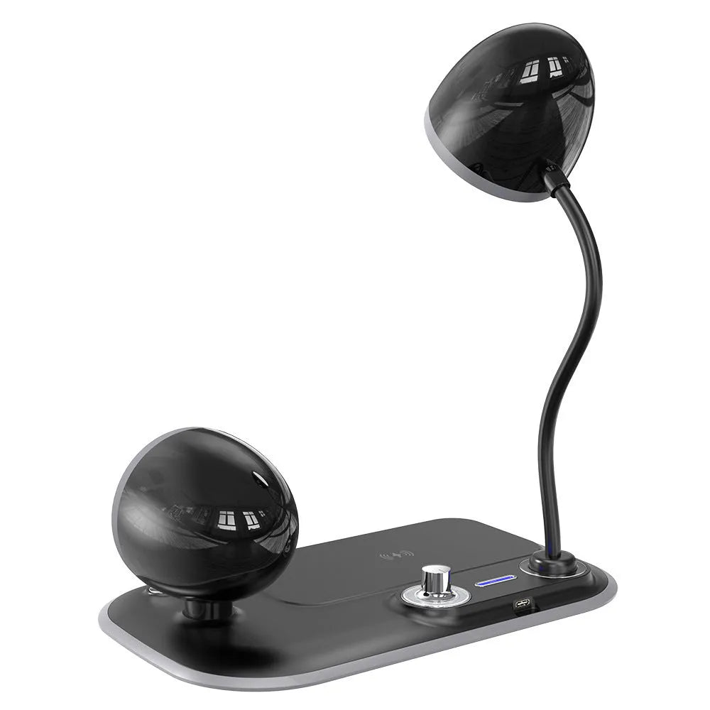 White three-in-one desk lamp with wireless charging pad, digital clock display, and eye protection lighting