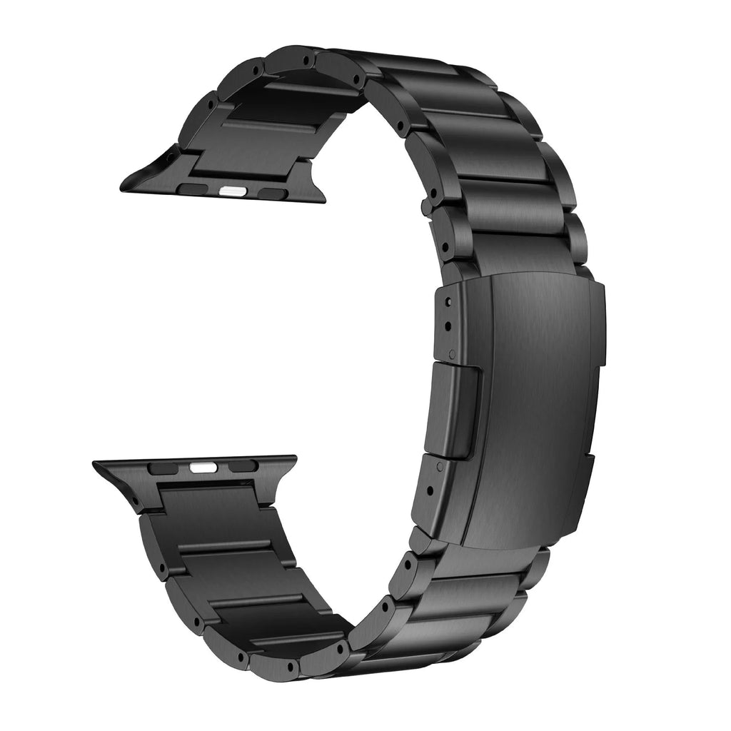 Black titanium alloy Apple Watch replacement band with a folding metal buckle.