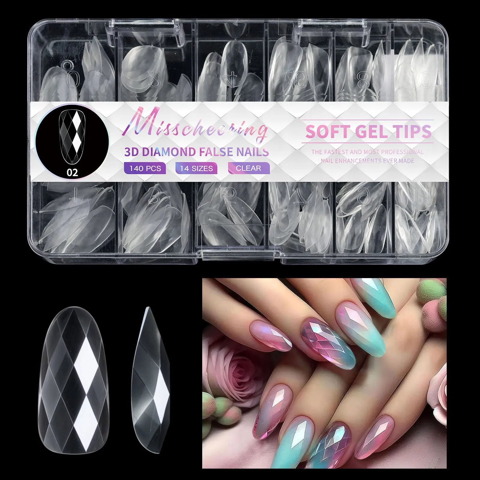 3D diamond pattern long nail tips in glitter colours for nail art enhancement