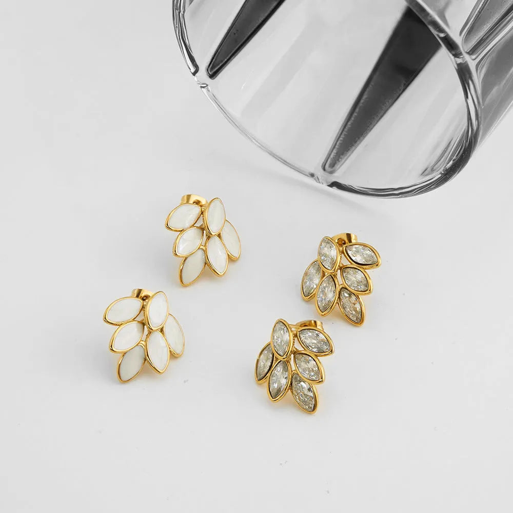 Titanium steel gold clip earrings with six-leaf dripping oil diamond design, 20.6mm by 19mm, sweet style party jewellery