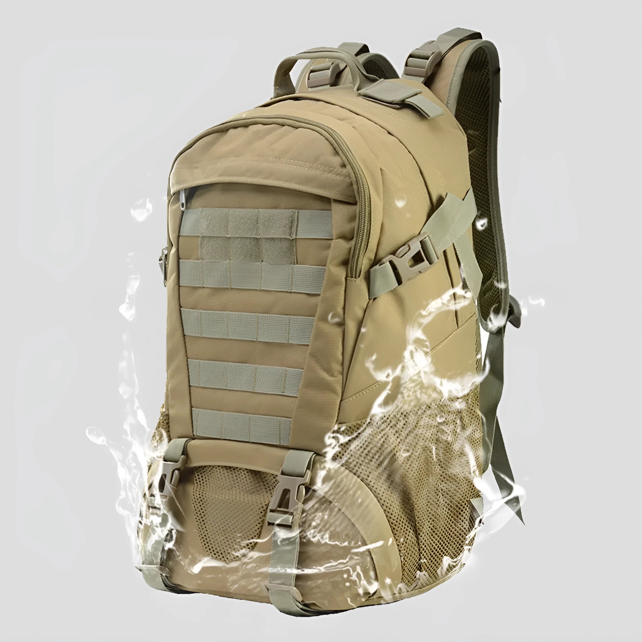 Khaki Oxford cloth mountaineering backpack with air pillow belt system on a rocky trail.
