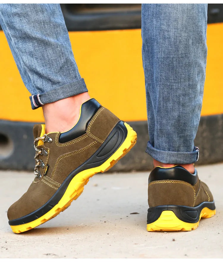 Bronze cow suede steel toe safety shoes showing low-cut design and non-slip sole pattern