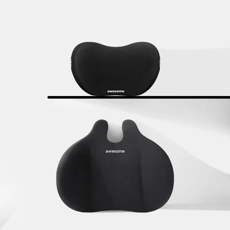 Black cloth headrest pillow and matching lumbar support pillow for car seats.
