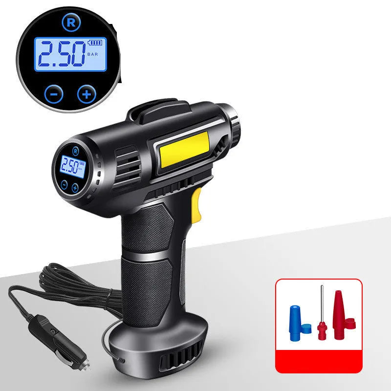 Wireless digital display car tyre pump with USB charging cable and air nozzles