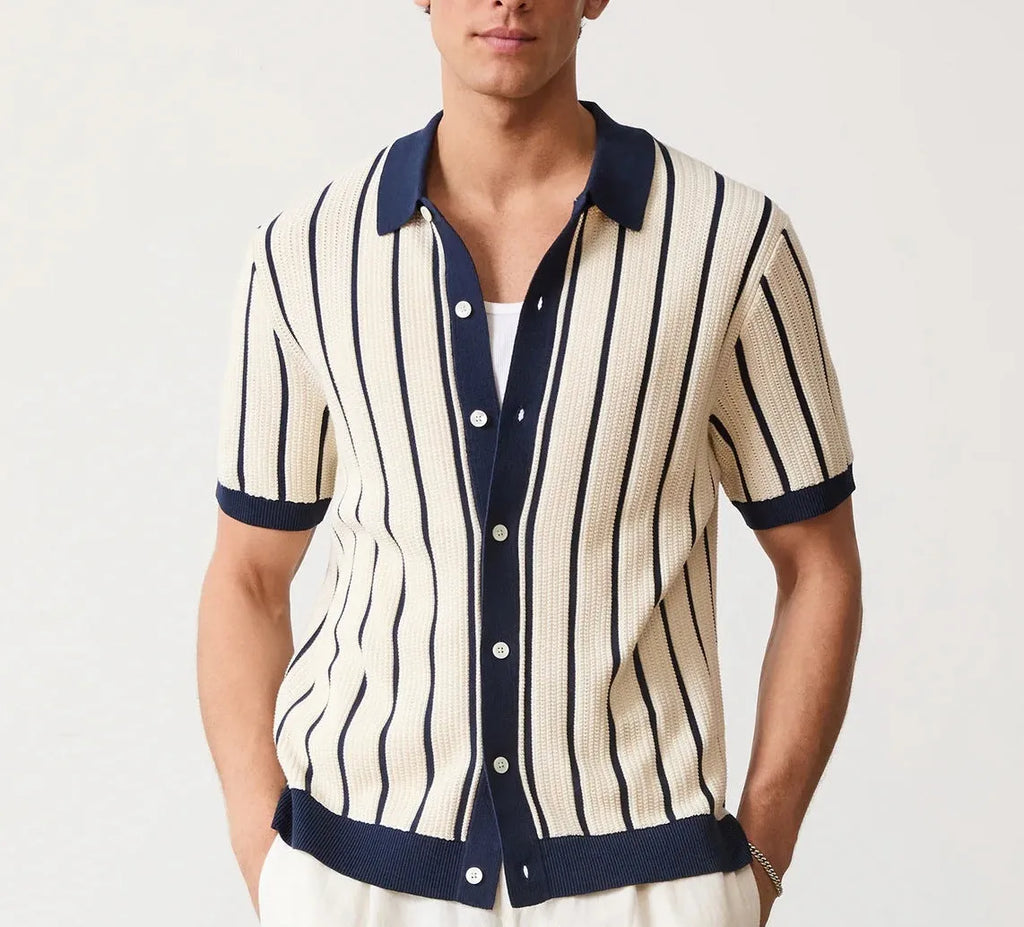 Men's white asymmetric lapel short sleeve knitted top laid flat, showcasing ice silk fabric texture.