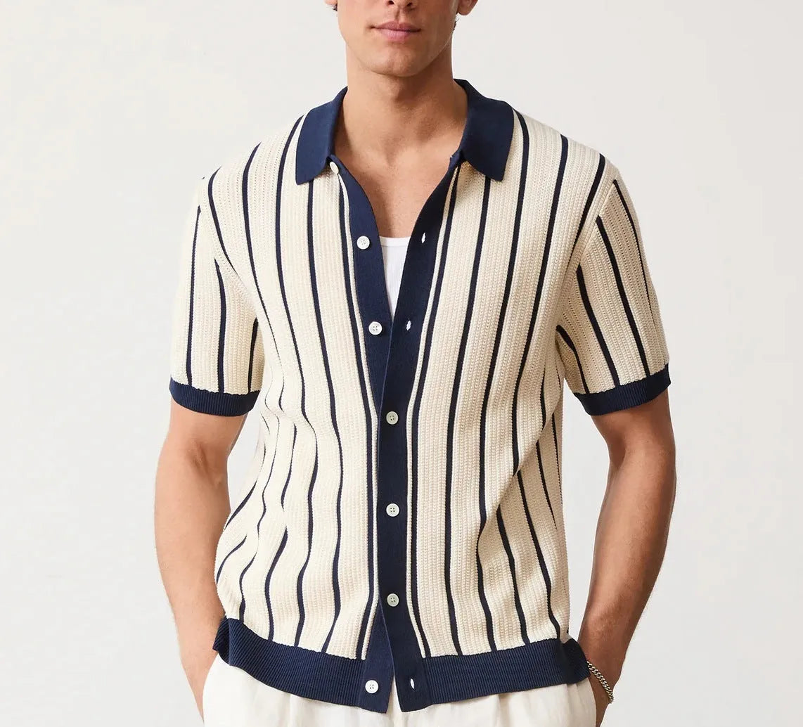 Men's white asymmetric lapel short sleeve knitted top laid flat, showcasing ice silk fabric texture.