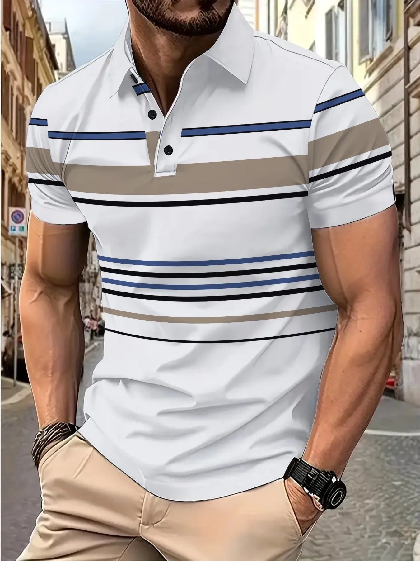 Men's white striped short sleeve T-shirt on hanger showing business casual style