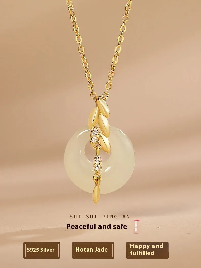 Chinese style wheat necklace with 925 silver chain and jade-inlaid pendant on white background
