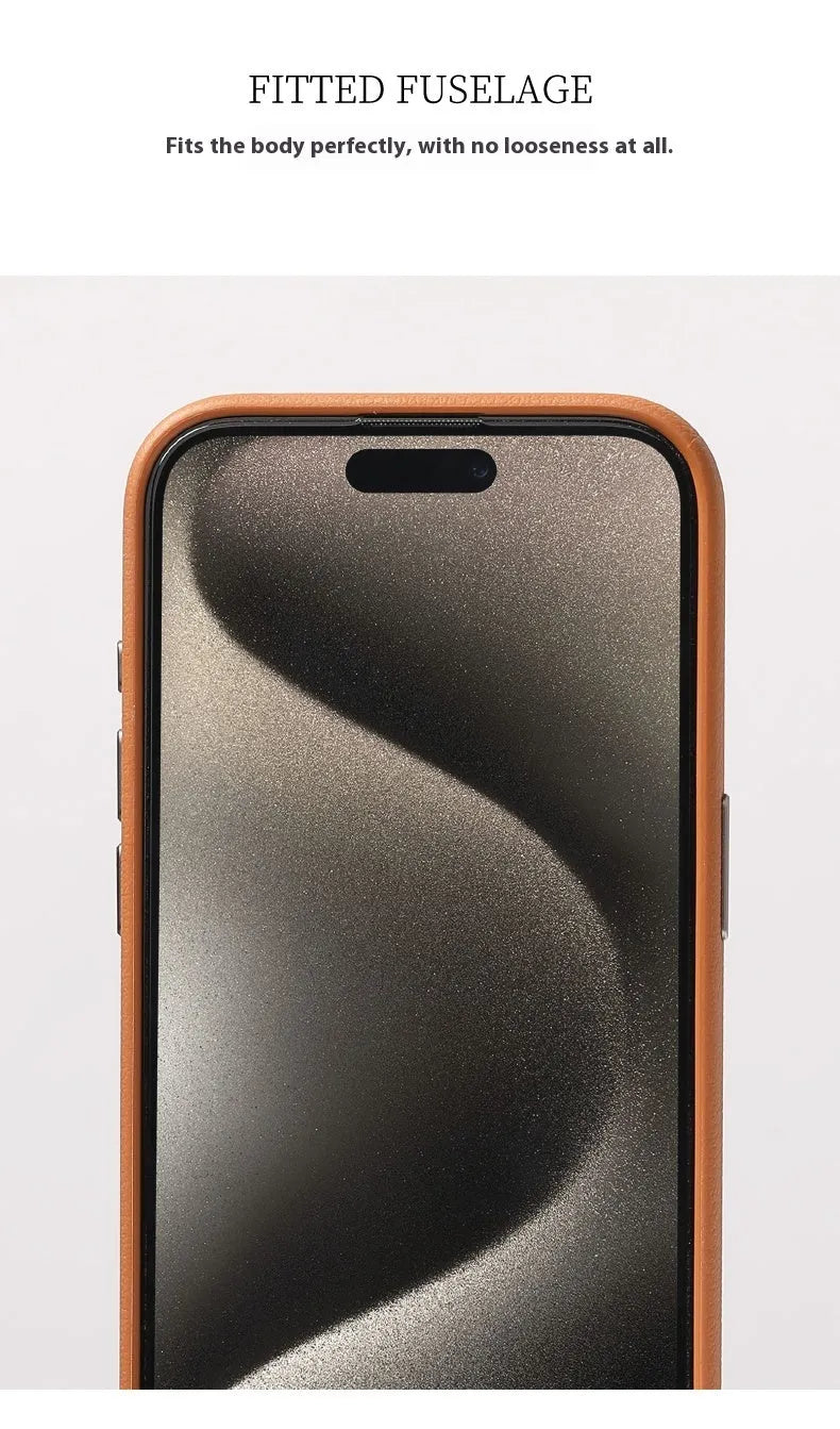 Genuine leather iPhone case with magnetic metal ring around camera lenses, shown in black.