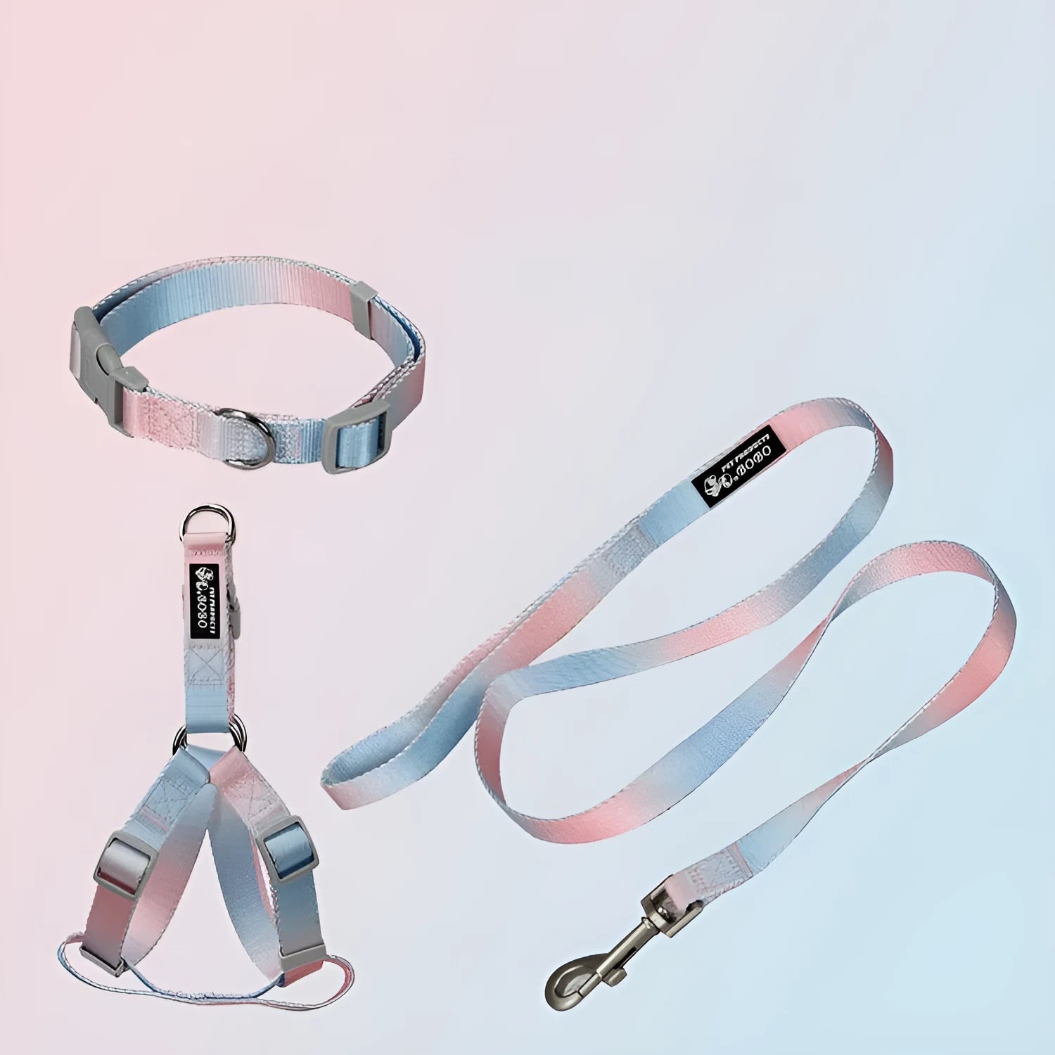 Gradient colour dog leash set showing nylon collar, harness, and matching lead in pink and yellow combination