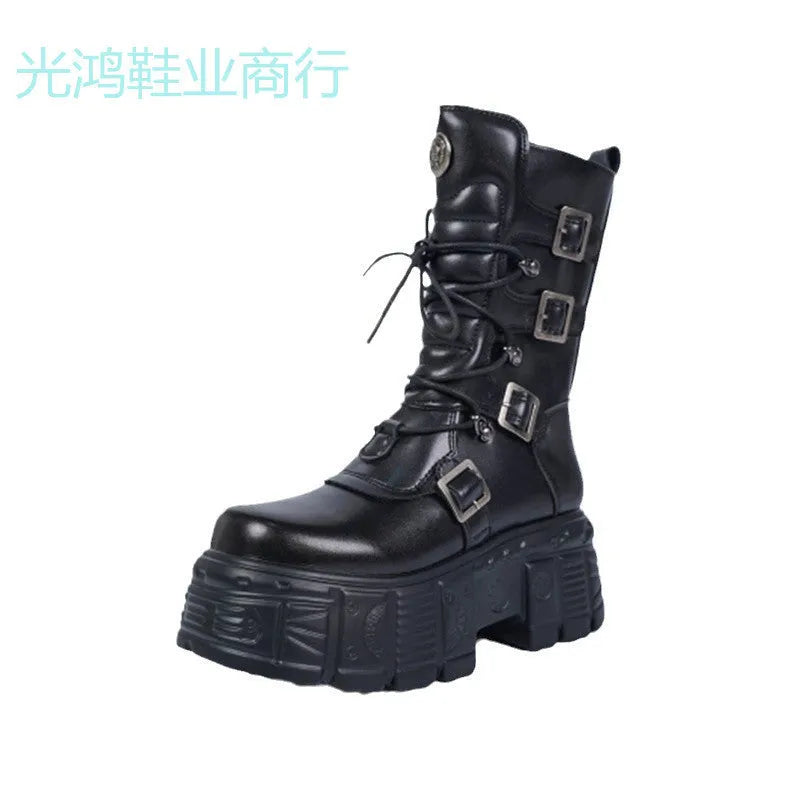 Black PU leather Gothic platform lace-up boots with metal tank detailing and side zipper